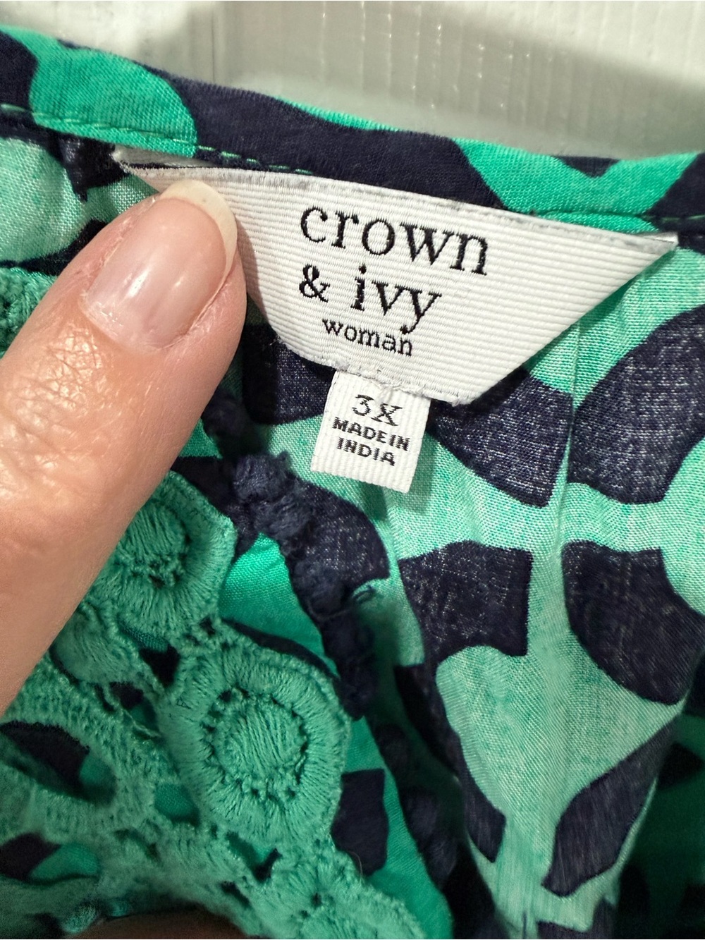 Candie's Green Patterned Crochet-Trim Peasant Top - Picture 2 of 8